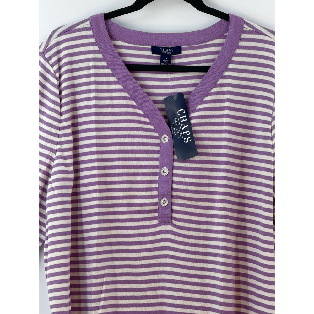 Chaps Boho Tunic Womens 3X Purple White Striped 3/4 Sleeve Y2K Preppy - Picture 3 of 13